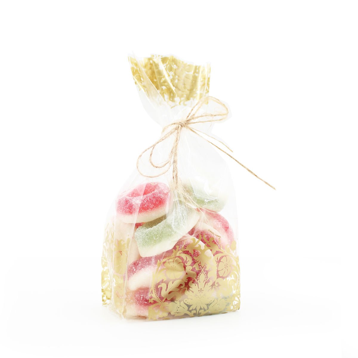 Altın Yaldız Çiçek Desenli Şeffaf Kare Tabanlı Torba 6x15+2 Cm 100 Gr