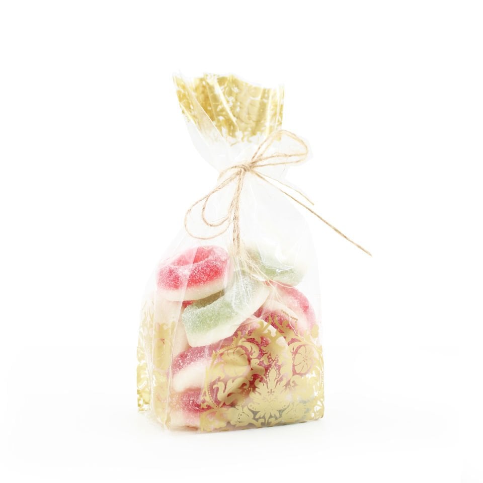 Altın Yaldız Çiçek Desenli Şeffaf Kare Tabanlı Torba 6x15+2 Cm 100 Gr