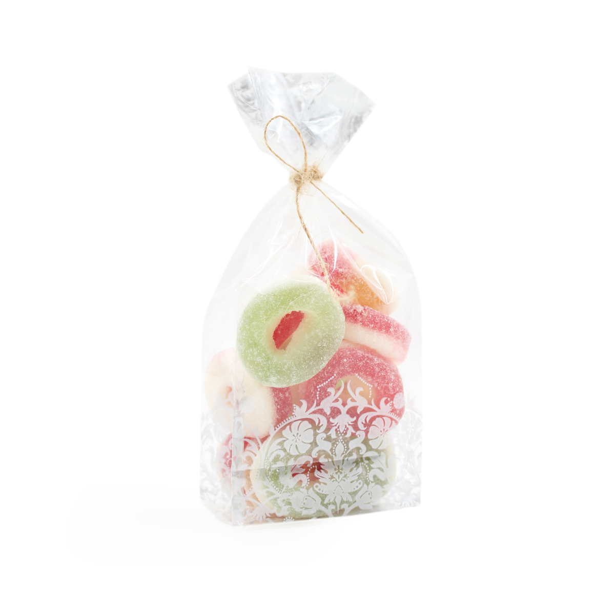 Gümüş Çiçek Desenli Şeffaf Kare Tabanlı Torba 6x15+2 Cm 100 Gr